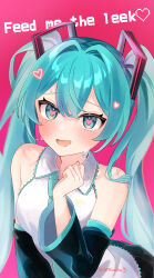  1girl aqua_eyes aqua_hair aqua_nails aqua_necktie aqua_trim bare_shoulders black_skirt blush breasts collared_shirt commentary_request detached_sleeves fuyu_usagi hair_between_eyes hair_ornament hatsune_miku heart heart_in_eye highres long_hair long_sleeves medium_breasts necktie open_mouth pink_background pleated_skirt shirt simple_background skirt sleeveless sleeveless_shirt smile solo symbol_in_eye twintails very_long_hair vocaloid white_shirt wide_sleeves 