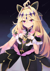  1girl absurdres antenna_hair black_bow black_capelet black_dress blonde_hair boots bow brooch capelet closed_mouth commentary_request cure_arcana_shadow diamond_hairband dress fingernails four-finger_heart_hands frilled_capelet frills gradient_hair hair_intakes heart heart_brooch heart_hands highres jewelry long_hair looking_at_viewer magical_girl meitantei_precure! moria_luluka multicolored_hair precure purple_nails purple_wrist_cuffs revival solo veil violet_eyes wrist_cuffs 