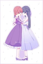  2girls :d :| aijou_karen alternate_hair_color alternate_hair_length alternate_hairstyle ankle_strap arm_wrap block_heels blue_dress border bow braid brown_hair closed_mouth commentary_request crown_earrings dress earrings eye_contact face-to-face frilled_dress frills from_side full_body gradient_clothes gradient_dress grey_hair hair_bow hair_ribbon half_updo hand_on_another's_back hand_on_another's_shoulder hand_up hands_up highres hirake_goma holding_hands jewelry kagura_hikari long_hair looking_at_another low_block_heels low_twin_braids medium_dress medium_hair multiple_girls open_mouth outline parted_bangs print_dress profile purple_background purple_border purple_bow purple_dress purple_ribbon purple_sash purple_shoes ribbon sash ship_name shoes shoujo_kageki_revue_starlight sleeveless sleeveless_dress smile sparkle_background sparkle_earrings standing twin_braids two-tone_background white_background white_dress white_outline wrist_bow yuri 