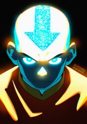  1boy aang avatar:_the_last_airbender avatar_legends bald blue_eyes commentary english_commentary furrowed_brow glowing glowing_eyes glowing_tattoo head_tattoo highres kubrick_stare male_focus portrait serious solo straight-on tattoo twitter_username umbra_(edits_umbra) watermark 