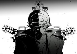  1boy arms_at_sides black_background cheek_tattoo chinese_commentary collarbone collared_jacket commentary_request empty_eyes face_in_shadow film_grain from_above gatling_pea_(plants_vs._zombies) gradient_background greyscale gun hatching_(texture) helmet high_contrast highres jacket lanyard looking_at_viewer male_focus monochrome no_mouth no_pupils open_clothes open_jacket personification plants_vs._zombies plants_vs._zombies_2 plants_vs._zombies_2_(chinese) shirt siiiiiiiiiii simple_background solo straight-on tattoo two-tone_background upper_body weapon white_background 