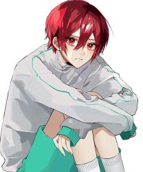  1boy aged_down aqua_shorts blue_lock blush chigiri_hyoma closed_mouth commentary_request hair_between_eyes highres hugging_own_legs jacket knees_up looking_at_viewer male_focus red_eyes red_hair short_hair shorts simple_background sitting socks solo white_background white_jacket white_socks xe5m38 zipper 
