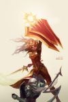  2girls armor brown_hair diana_(league_of_legends) fighting good_guys_win league_of_legends leona_(league_of_legends) multiple_girls shield shilin sword tagme weapon white_hair 