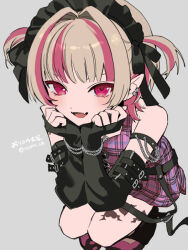  1girl :d alternate_headwear arm_belt arm_strap arm_warmers bare_shoulders belt black_arm_warmers black_belt black_headdress black_ribbon blunt_bangs blush chain chain_bracelet colored_inner_hair crop_top earclip elbow_rest fangs from_above full_body grey_background grey_hair hair_intakes hands_on_own_chin hashtag-only_commentary isamu leg_tattoo legs_together looking_at_viewer maid_headdress makaino_ririmu makaino_ririmu_(6th_costume) miniskirt multicolored_hair multiple_belts nijisanji no_jacket o-ring o-ring_thigh_strap parted_lips pink_hair pink_shoes pink_skirt pink_streaks plaid_clothes plaid_skirt pointy_ears red_eyes ribbon shoes short_hair simple_background skin_fangs skirt sleeveless smile solo squatting streaked_hair tattoo thigh_strap twitter_username two-tone_hair two_side_up virtual_youtuber winged_heart winged_heart_tattoo wolf_cut 