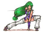  1girl arm_warmers breasts ganbare_goemon green_eyes green_hair japanese_clothes large_breasts long_hair low-tied_long_hair nameo_(judgemasterkou) ninja ninjatou reverse_grip sandals smile solo squatting sword thigh-highs toes very_long_hair weapon white_legwear yae_(ganbare_goemon) 