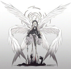  1girl angel_wings black_dress blonde_hair blue_eyes bound bound_legs chained_legs closed_mouth commentary_request disembodied_hand dot_mouth dress expressionless flat_chest full_body gothic_lolita hisui_(syarute) lolita_fashion long_hair looking_at_viewer original oversized_wings solo wings 