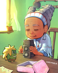  1girl aged_up antique_camera blanka-chan box camera chair character_doll closed_eyes club_(weapon) dark-skinned_female dark_skin doll fringe_trim headband highres holding holding_camera lily_hawk old old_woman photo_(object) pogamoggan poncho quasimodox sitting smile solo spanish_commentary street_fighter street_fighter_6 table weapon weapon_on_wall 