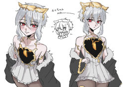  1girl bare_shoulders black_jacket blush chibi code_vein_ii commentary_request dress eikou_(rkgk_eikou) exposed_heart fur-trimmed_jacket fur_trim gold_trim hair_between_eyes headpiece highres hole_in_chest hole_on_body jacket jacket_partially_removed kintsugi lou_magmell multiple_views pantyhose red_eyes short_hair_with_long_locks sidelocks simple_background smile white_background white_dress white_hair 