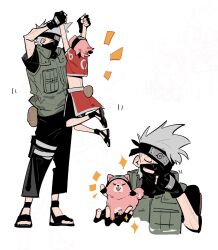  1boy 1girl animalization bandaged_leg bandages bike_shorts bike_shorts_under_skirt black_gloves black_hairband black_headband black_mask black_pants black_shirt black_shoes child classic0242 closed_eyes crop_top dog fingerless_gloves flak_jacket full_body gloves green_vest grey_hair hairband haruno_sakura hashtag-only_commentary hatake_kakashi headband headband_over_one_eye highres holding_hands in_palm jacket konohagakure_shinobi_uniform konohagakure_symbol mask mature_male medium_hair midriff mouth_mask naruto_(classic) naruto_(series) open-toe_shoes pants pink_hair red_shirt red_skirt shirt shoes short_hair skirt sparkle upper_body vest white_background 