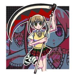  1girl bell blonde_hair closed_mouth commentary cowbell empty_eyes green_eyes green_necktie highres maka_albarn mimiyori necktie polka_dot polka_dot_background red_skirt skirt solo soul_eater sweater_vest twintails vest yellow_vest 