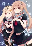  2girls blonde_hair blouse breasts brown_hair gloves hair_ornament hair_ribbon hairclip kantai_collection long_hair multiple_girls murasame_(kantai_collection) orange_eyes pleated_skirt red_eyes ribbon scarf school_uniform serafuku skirt smile snowflakes straight_hair twintails yuudachi_(kantai_collection) 