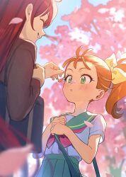  2girls :o aozora_middle_school_uniform aqua_sailor_collar aqua_skirt bag black_jacket blazer blurry blurry_background blurry_foreground carrying cherry_blossoms cherry_tree closed_eyes commentary day depth_of_field facing_another green_eyes hair_pulled_back hair_ribbon jacket long_hair looking_at_another medium_hair multiple_girls natsuumi_manatsu neckerchief orange_hair outdoors parted_lips petal_on_face pink_neckerchief pleated_skirt precure red_hair ribbon sailor_collar school_bag school_uniform serafuku shirt short_sleeves side_ponytail skirt smile standing takizawa_asuka tropical-rouge!_precure white_shirt yellow_ribbon yuzu_sato 