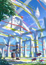  1other antlers arch bag bird blue_pants boots brown_boots brown_hair castle commentary_request fanny_pack floating_clothes floating_island flower gourd grass highres holding horns katou_oswaldo original overgrown pants petals pink_flower plant purple_scarf robot scarf short_hair socks striped_clothes striped_socks tree white_flower 