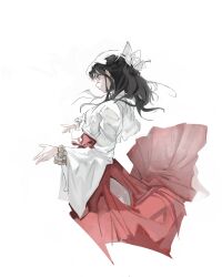  1girl absurdres bead_bracelet beads black_hair bow bracelet brown_eyes cowboy_shot hair_bow hakama hands_up highres iori_utahime japanese_clothes jewelry jujutsu_kaisen kanji_(nievart) kimono long_hair long_sleeves profile red_hakama scar scar_on_face simple_background solo standing white_background white_bow white_kimono wide_sleeves 