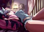  1girl :&lt; airi_rei antenna_hair black_hair blue_eyes breasts cutoffs denim denim_shorts ganaha_hibiki hair_ribbon idolmaster long_hair looking_at_viewer lying navel on_back on_bed pillow ponytail ribbon shorts solo thighs very_long_hair 