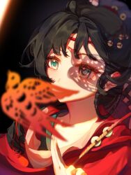  1girl absurdres black_background black_hair blue_eyes blurry blurry_foreground chinese_clothes chinese_commentary chinese_paper-cut commentary_request depth_of_field facial_mark forehead_mark hand_up hanfu highres jiu'anzi long_hair one_eye_in_shadow paper_heron red_hanfu reverse:1999 solo upper_body 