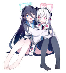  2girls absurdres aqua_halo aqua_necktie aris_(blue_archive) astnya barefoot black_skirt black_thighhighs blue_archive blue_eyes blue_hair blush chinese_commentary closed_mouth commentary hair_between_eyes halo hand_on_another's_shoulder highres holding hug jacket kei_(blue_archive) kei_(new_body)_(blue_archive) long_hair long_hair_between_eyes looking_at_viewer multiple_girls necktie one_eye_closed open_mouth pink_eyes pink_halo pleated_skirt rectangular_halo red_eyes school_uniform simple_background skirt thigh-highs very_long_hair white_background white_hair white_jacket 
