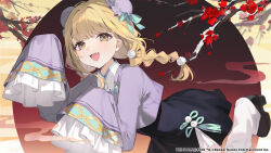  absurdres black_dress black_shoes bow chinese_new_year dress flower fujita_kotone gakuen_idolmaster green_bow hair_bun highres idolmaster long_hair official_art open_mouth plum_blossoms purple_shirt shirt shoes 