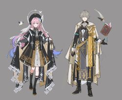  1boy 1girl absurdres alternate_costume alternate_form bare_shoulders beak belt beret bird bird_wings black_belt black_boots black_cape black_gloves black_hat black_jacket black_ribbon black_shoes black_skirt black_socks blue_flower blue_gem blue_hair blunt_bangs book bookmark boots bow buttons caelus_(honkai:_star_rail) cape chain clenched_hand clothes_lift clothing_cutout collared_cape collared_shirt commentary cross cross_necklace cross_print cyrene_(demiurge)_(honkai:_star_rail) cyrene_(honkai:_star_rail) diamond-shaped_pupils diamond_(shape) diamond_cutout feathered_wings floating floating_object flower full_body gem gloves gold_chain gradient_hair grey_background grey_hair grey_shirt grey_tabard hair_flower hair_ornament halo halo_behind_head hand_up hands_up hat highres holding holding_lantern honkai:_star_rail honkai_(series) jacket jewelry lantern long_hair long_sleeves looking_at_viewer multicolored_hair necklace necktie off-shoulder_shirt off_shoulder open_book open_mouth papajay_(jennygin2) pearl_necklace pendant pink_hair pink_pupils puffy_long_sleeves puffy_sleeves purple_gem quill red_gem ribbon rose shirt shoes short_hair sidelocks simple_background skirt skirt_lift smile socks standing streaked_hair striped_clothes striped_skirt symbol-shaped_pupils tabard tassel teeth trailblazer_(honkai:_star_rail) two-sided_cape two-sided_fabric two-tone_skirt untranslatable_commentary v-shaped_eyebrows violet_eyes white_bow white_cape white_hair white_halo white_necktie white_shirt white_skirt wings yellow_cape yellow_eyes yellow_flower yellow_rose 