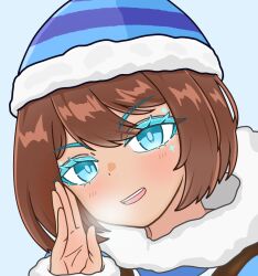  1girl :d blue_background blue_eyes blue_hat blue_jacket blush breath bright_pupils brown_hair colored_eyelashes commentary cyromancer_(tower_defense_simulator) dodoman0414 double-parted_bangs english_commentary finger_to_cheek fur-trimmed_headwear fur-trimmed_jacket fur-trimmed_sleeves fur_trim hair_between_eyes hand_up hat head_tilt highres jacket long_sleeves looking_at_viewer open_mouth portrait roblox short_hair simple_background smile solo sparkle sparkle_facial_mark star_(symbol) striped_hat teeth tongue tower_defense_simulator tsurime v-shaped_eyebrows waving 