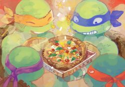 bad_drawr_id bad_id donatello donatello_(tmnt) dr_burakaniro_(mo49ha) food holding leonardo leonardo_(tmnt) michelangelo michelangelo_(tmnt) nickelodeon non-web_source oekaki open_mouth pizza pizza_box raphael raphael_(tmnt) smile smoke teenage_mutant_ninja_turtles teenage_mutant_ninja_turtles_(2012) turtle turtle_shell