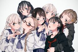  1boy 6+girls bandaged_head bandages black_hair black_sailor_collar black_serafuku blue_neckerchief bow braid brown_hair crossdressing crossdressing_(mtf) expressionless fuyusaka_iori glasses hair_bow hair_ornament hairclip highres jacket juusan_kihei_bouei_ken kisaragi_tomi long_hair long_sleeves looking_at_viewer minami_natsuno multiple_girls neckerchief okino_tsukasa own_hands_together ponytail red-framed_eyewear red_neckerchief sailor_collar school_uniform semi-rimless_eyewear serafuku shinonome_ryouko_(juusan_kihei_bouei_ken) shiomi_(lowrise) shirt short_hair simple_background smile takamiya_yuki track_jacket trap twin_braids upper_body white_background white_hair white_shirt yakushiji_megumi 