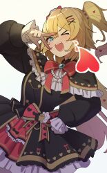  >_o 1girl ;d absurdres akai_haato akai_haato_(gothic_lolita) black_capelet black_dress blonde_hair blue_eyes blue_gem bow bowtie capelet commentary_request dress frilled_capelet frilled_dress frills gem haaton_(akai_haato) hair_ornament hairclip hand_on_own_hip heart heart_hair_ornament highres hololive jewelry light_blush long_hair long_sleeves looking_at_viewer moritatsu nail_polish necklace official_alternate_costume official_alternate_hairstyle one_eye_closed open_mouth parallel_hairclips pearl_necklace pink_nails puffy_long_sleeves puffy_sleeves red_bow red_bowtie red_skirt simple_background skirt smile solo two_side_up very_long_hair virtual_youtuber w w_over_eye white_background x_hair_ornament 