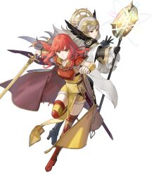  2girls armor attack black_dress black_gloves boots breastplate breasts cape celica_(fire_emblem) celica_(warrior_princess)_(fire_emblem) dress feather_trim fire_emblem fire_emblem_echoes:_shadows_of_valentia fire_emblem_heroes gloves grey_hair high_heel_boots high_heels highres holding holding_staff holding_sword holding_weapon long_hair medium_breasts multiple_girls non-web_source pelvic_curtain red_boots red_cape red_eyes red_hair sheath shoulder_armor staff sword tiara v-shaped_eyebrows veronica_(brave_princess)_(fire_emblem) veronica_(fire_emblem) weapon yellow_cape 