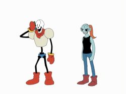  1boy 1girl 2d ^_^ animated animated_gif anthro armor artist_request black_eyepatch black_tank_top blue_pants blue_shorts blue_skin boots cape carrying carrying_person catching cellphone closed_eyes colored_sclera colored_skin colored_teeth digital_media dithering dropping duo ear_fins eyepatch facing_viewer female fins fish fish_girl full_body gloves head_fins high_ponytail holding holding_cellphone holding_phone humanoid jumping long_hair male monster monster_boy monster_girl pants papyrus_(undertale) phone ponytail princess_carry red_boots red_cape red_gloves red_hair sharp_teeth shorts simple_background skeleton slit_pupils smile standing surprised tank_top teeth third-party_source undead undertale undyne utdr_(toby_fox) v white_armor white_background yellow_sclera yellow_teeth 