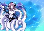  1girl bangs blush breasts cleavage elbow_gloves gloves hair_over_one_eye hat kraken_(monster_girl_encyclopedia) large_breasts long_hair looking_up monster_girl monster_girl_encyclopedia navel pale_skin partially_submerged payot purple_hair scylla smile solo squid tentacles violet_eyes 