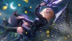  1girl arm_up backlighting black_boots black_jacket black_skirt blonde_hair blurry blurry_background boots breasts closed_mouth crescent_moon dutch_angle earrings eyelashes falling_petals fighting_stance flower foot_out_of_frame from_side glint gun hair_ornament hairclip hand_up heaven_burns_red high_heel_boots high_heels highres holding holding_gun holding_weapon jacket jewelry large_breasts long_sleeves looking_at_viewer medium_hair minase_ichigo minase_ichigo_(cold-blooded_silent_killer) miniskirt moon moonlight night official_alternate_costume official_art on_roof outdoors parallel_hairclips petals pleated_skirt rooftop rose rose_petals serious skirt solo standing stud_earrings thigh_boots thighs v-shaped_eyebrows violet_eyes weapon yellow_flower yellow_rose 