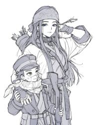 1boy 1girl absurdres age_switch aged_down aged_up ainu ainu_clothes arrow_(projectile) asirpa bandana blue_eyes brown_eyes child coat earrings golden_kamuy greyscale gun hat highres holding holding_arrow holding_gun holding_weapon hoop_earrings jewelry jjojjo110110 kepi long_hair long_sleeves military_hat monochrome rifle scar scar_on_cheek scar_on_face scar_on_nose scarf short_hair simple_background sketch spot_color sugimoto_saichi weapon white_background 