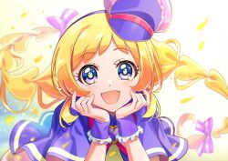 1girl blonde_hair blue_eyes blurry blurry_background bow bowtie brooch capelet cure_friendy depth_of_field flat_cap hair_bow hairband hands_on_own_face hat heart heart_brooch highres inukai_iroha jewelry long_hair looking_at_viewer magical_girl open_mouth portrait precure purple_bow purple_capelet purple_hairband purple_hat red_bow red_bowtie rice_rabbit22 smile solo tilted_headwear wonderful_precure! wrist_cuffs 