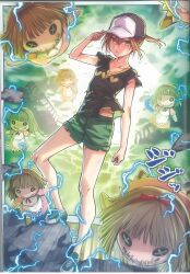  1girl :< absurdres adjusting_clothes adjusting_headwear alternate_hairstyle arm_at_side artist_name baseball_cap black_hat black_shirt border breasts brown_eyes brown_hair casual collarbone doll electricity electrokinesis floating floating_hair floating_object green_shoes green_shorts hair_between_eyes hand_on_headwear hand_up hat heart heart_print highres isshi_pyuma looking_at_viewer magnetism midriff_peek misaka_mikoto no_socks official_alternate_costume outside_border parted_lips ponytail railing rock ruins scene_reference shirt shoes short_hair short_ponytail short_sleeves shorts signature small_breasts sneakers solo standing t-shirt toaru_kagaku_no_railgun toaru_kagaku_no_railgun_s toaru_majutsu_no_index torn_clothes torn_shirt twitter_username white_border white_hat wind yellow_shirt 