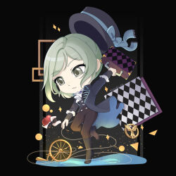  1girl apple apple_(reverse:1999) arm_up ascot black_background black_boots black_bow black_bowtie black_coat black_hat black_pants blue_bow boater_hat boots bow bowtie chibi coat food freckles fruit full_body grey_eyes grey_hair hair_bun hat hat_bow hayde_ink holding holding_suitcase leg_up pants parted_lips reverse:1999 short_hair single_side_bun solo spinning_wheel standing standing_on_liquid standing_on_one_leg suitcase traditional_bowtie unworn_headwear water white_ascot 