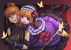  2girls :d arm_tattoo asymmetrical_gloves black_dress black_gloves black_shoes black_skirt blood blood_on_hands blood_on_weapon blue_eyes blunt_ends bow bug butterfly capelet china_dress chinese_clothes dress dress_bow dual_persona eva_beatrice flower gloves hair_bun high_heels highres multiple_girls ningenimomusi orange_hair purple_capelet purple_dress red_flower red_rose rose sharp_teeth shoes skirt smile staff sweatdrop tattoo teeth umineko_no_naku_koro_ni ushiromiya_eva weapon yellow_butterfly 