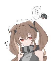  2girls absurdres angelina_(arknights) animal_ears arknights arknights:_endfield bare_shoulders black_hair blindfold_mask breasts brown_hair chibi chibi_inset commentary_request diamond_in_eye dress ears_down endministrator_(arknights) eye_mask female_endministrator_(arknights) flying_sweatdrops fox_ears fox_girl gilberta_(arknights) grey_dress headpiece high_collar highres large_breasts long_hair looking_at_viewer mask multiple_girls no_nose pout red_eyes shirakawa_(420) simple_background sleeveless sleeveless_dress solo_focus speech_bubble twintails upper_body white_background 