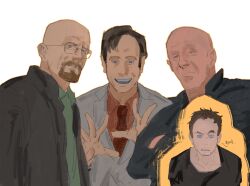  4boys absurdres bald black_jacket breaking_bad facial_hair glasses hashtag-only_commentary highres jacket jesse_pinkman male_focus mike_ehrmantraut multiple_boys old old_man round_eyewear saul_goodman sketch suit turmalindraws walter_white 