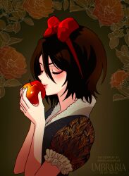 1girl apple artist_name black_dress black_hair bleach bow bow_hairband closed_eyes commentary cosplay dress english_commentary food fruit hair_between_eyes hairband highres holding holding_food holding_fruit kuchiki_rukia makeup photo-referenced puffy_short_sleeves puffy_sleeves red_bow red_hairband red_lips short_sleeves smile snow_white_(fairy_tale) snow_white_(fairy_tale_character) snow_white_(fairy_tale_character)_(cosplay) solo umbra_(edits_umbra) upper_body watermark 