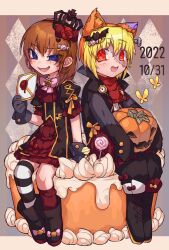  1boy 1girl :d alternate_costume animal_ears argyle_background asymmetrical_legwear black_boots black_gloves black_robe blonde_hair blue_eyes boots bow brown_hair bug butterfly cake candy cat_ears commentary_request crown dated dress fangs food frilled_dress frills gloves halloween highres jack-o'-lantern letter lollipop looking_at_viewer medal mismatched_legwear ningenimomusi object_through_head orange_hair oversized_clothes pink_bow pocket_watch red_dress red_eyes red_scarf robe sakutarou_(umineko) scarf screw_in_head sitting_on_food smile umineko_no_naku_koro_ni ushiromiya_maria watch yellow_butterfly 
