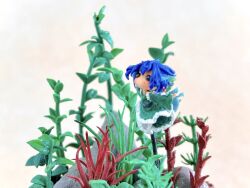  1girl blue_hair chibi chibi_only commentary_request figure_(medium) fins fish_tail floating frilled_kimono frills full_body green_kimono head_fins japanese_clothes kimono mermaid monster_girl neriko_nerineri no_mouth obi photo_(medium) plant sash solid_eyes solo tail touhou wakasagihime wide_shot 