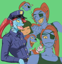  1girl 1other 2025 2d ambiguous_gender anthro armor black_eyepatch black_tank_top blue_shirt blue_skin brown_hair cape chief_undyne child clenched_hand colored_sclera colored_skin colored_teeth digital_media donut ear_fins eyepatch female female_focus fins fish fish_girl food food_in_mouth frisk_(undertale) gloves green_background hat head_fins heart high_ponytail highres human humanoid index_finger_raised long_hair male monster monster_boy monster_girl multiple_views open_mouth papyrus_(undertale) police_uniform policewoman ponytail red_cape red_gloves red_hair sharp_teeth short_hair simple_background skeleton slit_pupils sweat tank_top teeth trio ttudolee undead undertale undyne upper_body utdr_(toby_fox) white_armor yellow_sclera yellow_teeth 