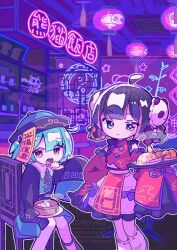  2girls ahoge black_hair black_shoes blue_dress blue_eyes blue_hair closed_mouth commentary_request dress eating feet_out_of_frame food holding holding_tray indoors jiangshi_costume kneehighs long_sleeves looking_at_viewer multicolored_hair multiple_girls neon_lights open_mouth orange_eyes original outline pink_hair plate red_dress ribbon-trimmed_socks ribbon_trim shoes sitting sleeves_past_fingers sleeves_past_wrists socks standing steamed_bun streaked_hair tray two-tone_hair usa_motou white_outline white_socks 