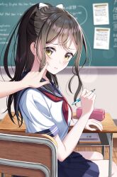  1girl 1other absurdres ambiguous_gender black_hair blue_sailor_collar blue_skirt blurry blurry_background blush chair chalkboard cheek_poking closed_mouth commentary_request depth_of_field desk fingernails from_side hand_up highres holding holding_pencil hominotsu indoors long_hair looking_at_viewer looking_to_the_side mechanical_pencil neckerchief on_chair original out_of_frame pencil pencil_case pleated_skirt poking ponytail pov red_neckerchief sailor_collar school_chair school_desk school_uniform serafuku shirt sitting skirt summer_uniform turning_head white_shirt yellow_eyes 