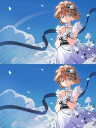  1girl absurdres bisho_imobing_hito black_ribbon blue_sky brown_hair chinese_commentary commentary_request dress flower green_eyes haibara_ai highres looking_at_viewer meitantei_conan outdoors own_hands_clasped own_hands_together parted_lips petals rainbow ribbon rose short_hair sky sleeveless sleeveless_dress solo striped_ribbon upper_body white_dress white_flower white_lily white_rose wrist_cuffs 