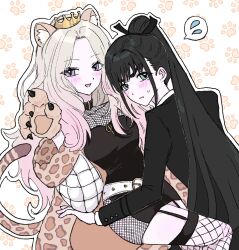  2girls amaya_tsubame animal_ears animal_hands belt black_dress black_hair black_tank_top blonde_hair blue_eyes blush bow c28841s crown dress fishnets gakuen_idolmaster hair_bow high_ponytail highres idolmaster juo_sena long_hair multiple_girls nervous nervous_sweating open_mouth paw_print ponytail shorts smile sweat tail tank_top tiger_ears tiger_tail white_belt yellow_background yuri 