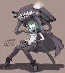  1girl bodysuit boots cane cape dated gloves glowing glowing_eyes green_eyes green_hair grey_background hat high_heel_boots high_heels kantai_collection pale_skin pureji_oshou shinkaisei-kan teeth tentacles twitter_username wo-class_aircraft_carrier 