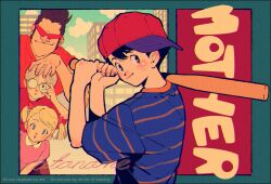  1girl 3boys ana_(mother) baseball_bat baseball_cap black_hair blonde_hair blue_shirt bow building city closed_mouth clouds commentary copyright_name dress grey_hair hair_bow hand_on_another's_head hat highres holding holding_baseball_bat kwsby_124 lloyd_(mother) looking_at_viewer mother_(series) mother_1 multiple_boys ninten pink_dress red_shirt round_eyewear shirt signature striped_clothes striped_shirt teddy_(mother) untranslatable_commentary upper_body 