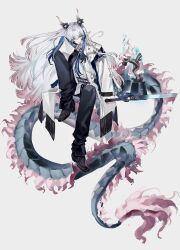  1boy absurdres arknights black_pants blue_hair blue_hands coat colored_extremities colored_tips dragon_boy dragon_horns dragon_tail full_body highres holding holding_sword holding_weapon horns knees_up male_focus multicolored_hair pants pink_eyes pink_hair pointy_ears sidelocks simple_background smile solo sushisushi_iiii sword tail weapon white_background white_coat white_hair yi_(arknights) 