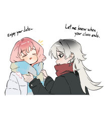  2girls absurdres adjusting_another's_clothes adjusting_scarf black_coat black_eyes blue_scarf blush closed_eyes coat cropped_torso ear_chain ear_piercing english_text gradient_hair grey_hair hand_tattoo highres jyuri_(shouz) linked_piercing long_hair looking_at_another miri_(shouz) multicolored_hair multiple_girls notice_lines open_mouth original piercing red_scarf scarf shouz simple_background smile talking tattoo white_background white_coat 